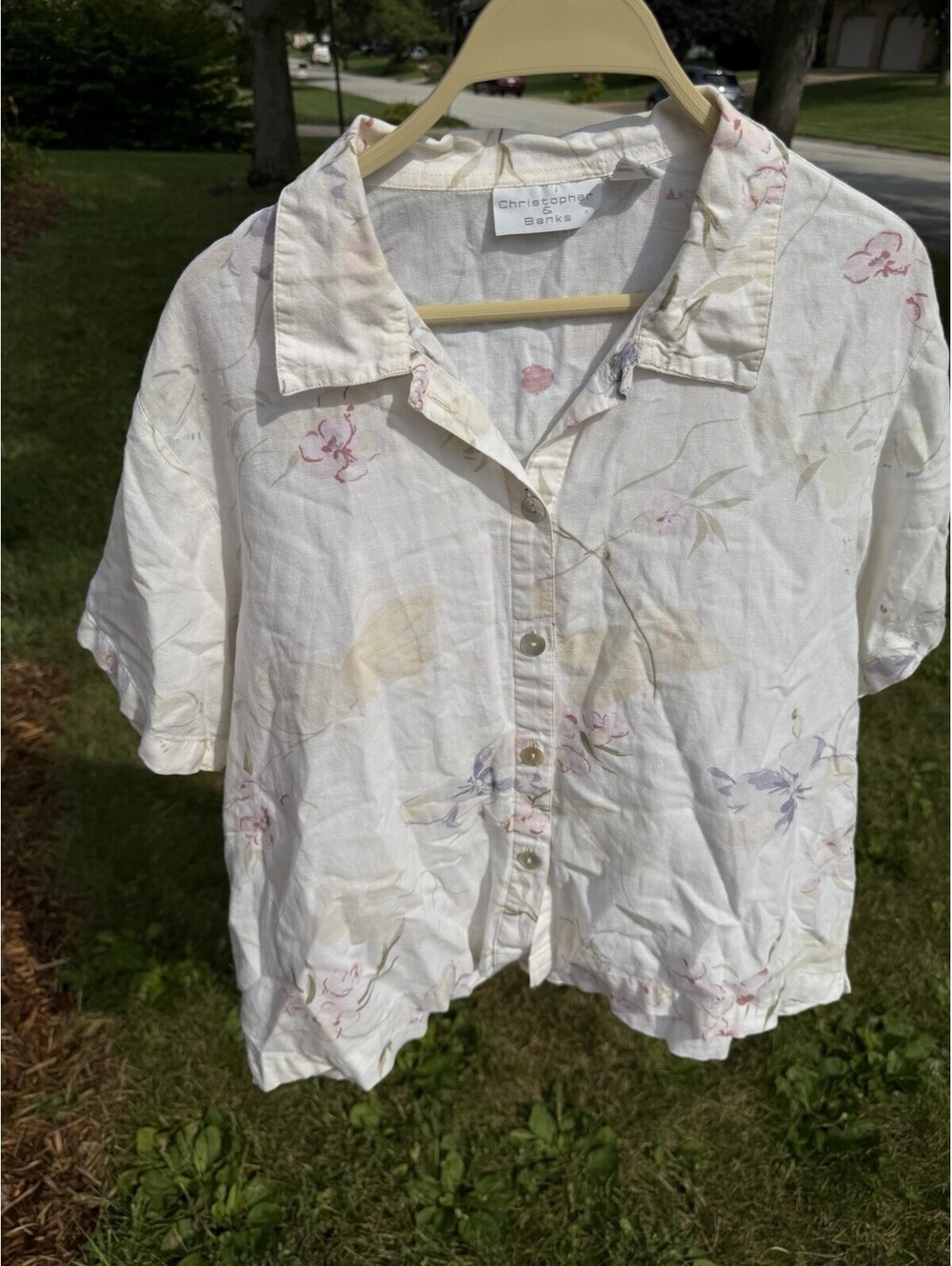 Women’s Vintage Christopher & Banks Button Up Linen Floral Blouse Size XL